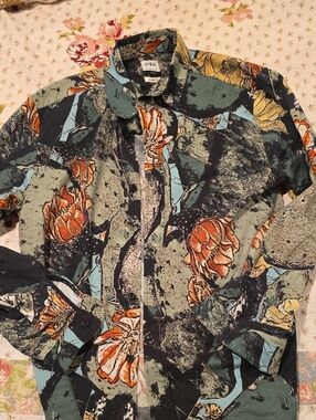 Zara Abstract Floral Button-Up Shirt - Green & Orange